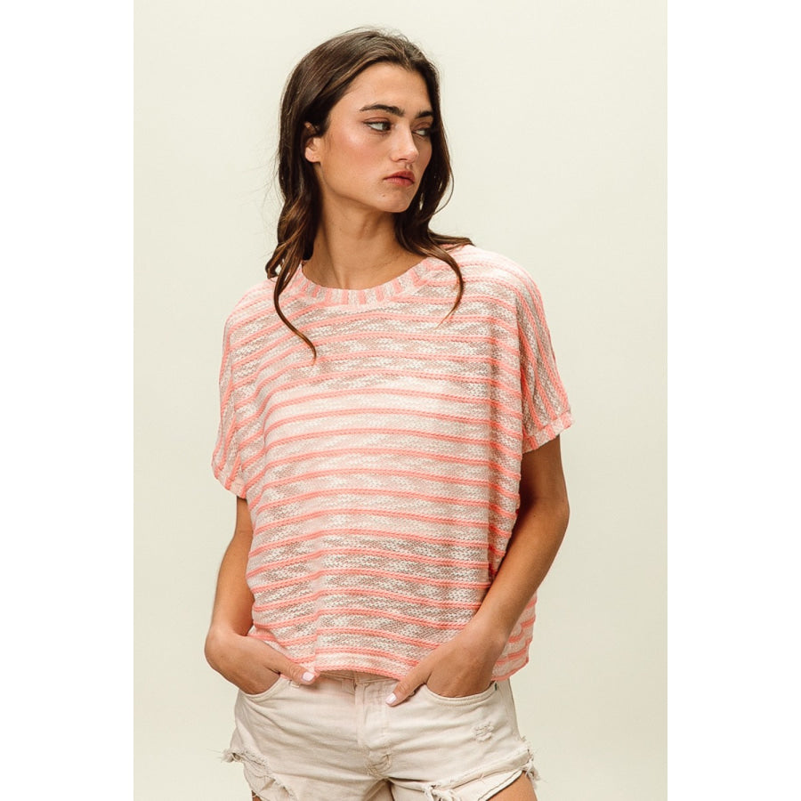 BiBi Braid Striped Short Sleeve Round Neck T - Shirt Apparel and Accessories