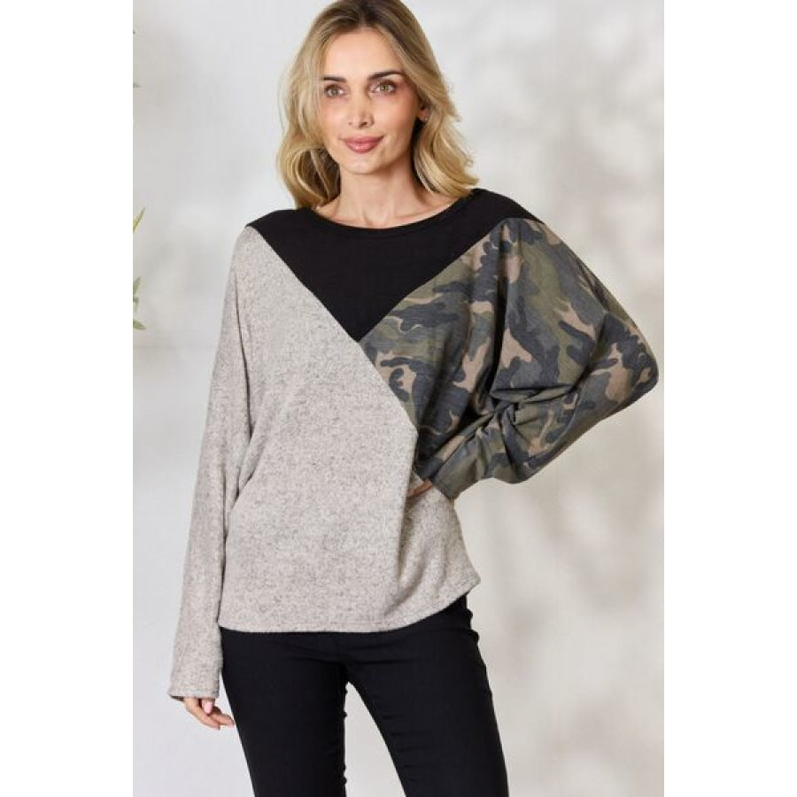 BiBi Brushed Hacci Color Block Long Sleeve Top Taupe / S Clothing