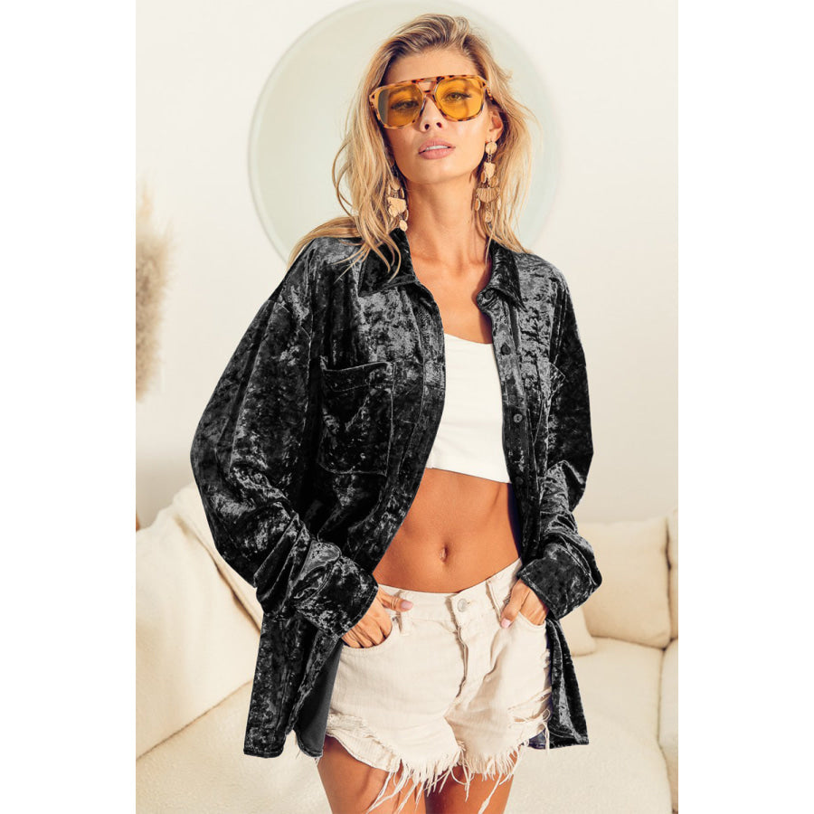 BiBi Button Up Long Sleeve Velvet Shirt Black / S Apparel and Accessories