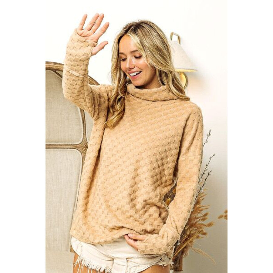 BiBi Checkered Round Neck Thumbhole Long Sleeve Top TAUPE / S Apparel and Accessories