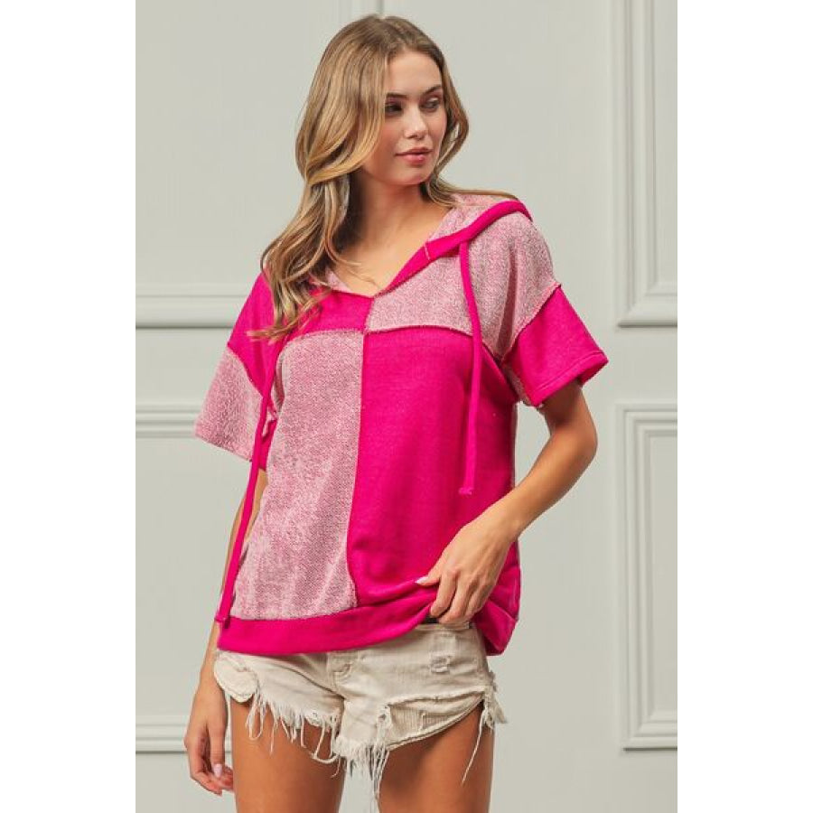 BiBi Color Block Exposed Seam Short Sleeve Hooded Top FUCHSIA / S Apparel and Accessories