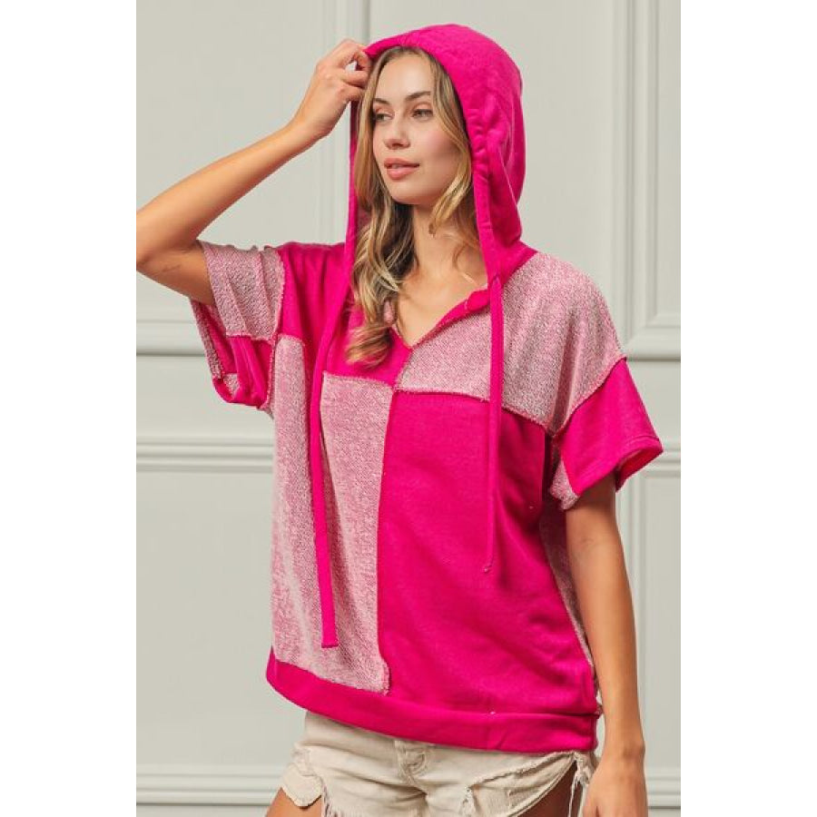 BiBi Color Block Exposed Seam Short Sleeve Hooded Top FUCHSIA / S Apparel and Accessories