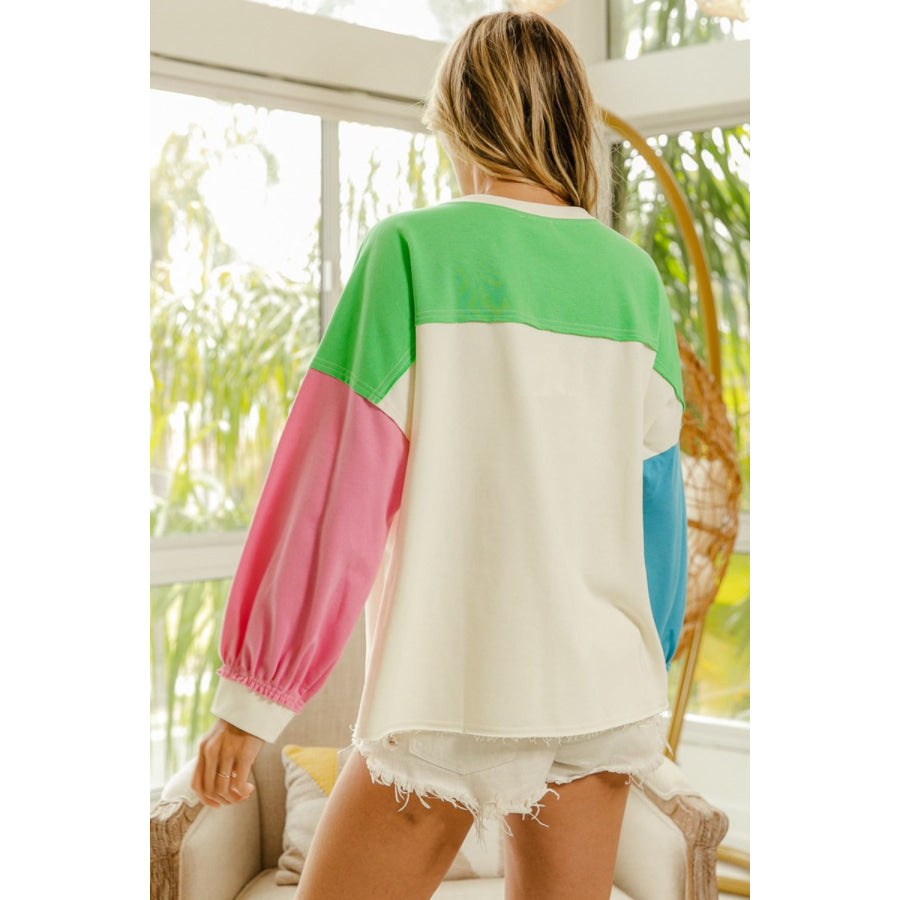BiBi Color Block Patched Long Sleeve Top Ivory/Green / S Apparel and Accessories