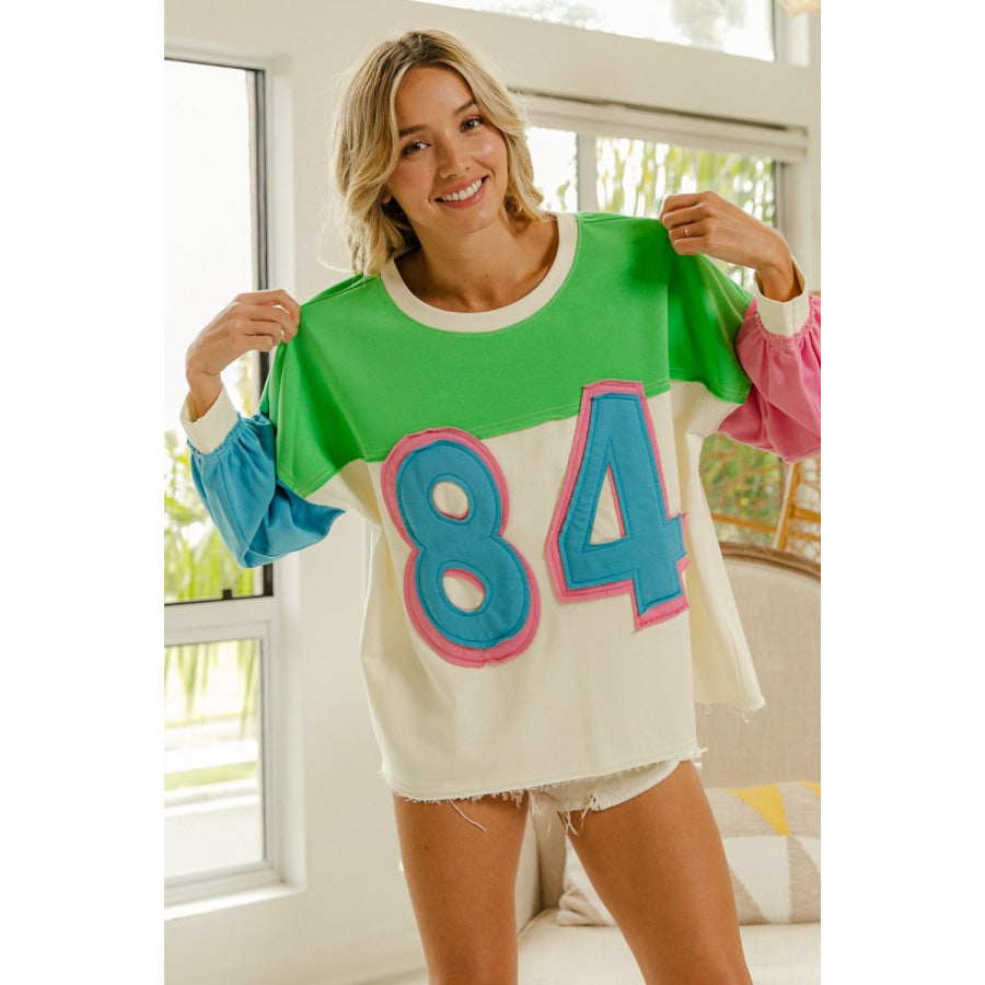 BiBi Color Block Patched Long Sleeve Top Ivory/Green / S Apparel and Accessories