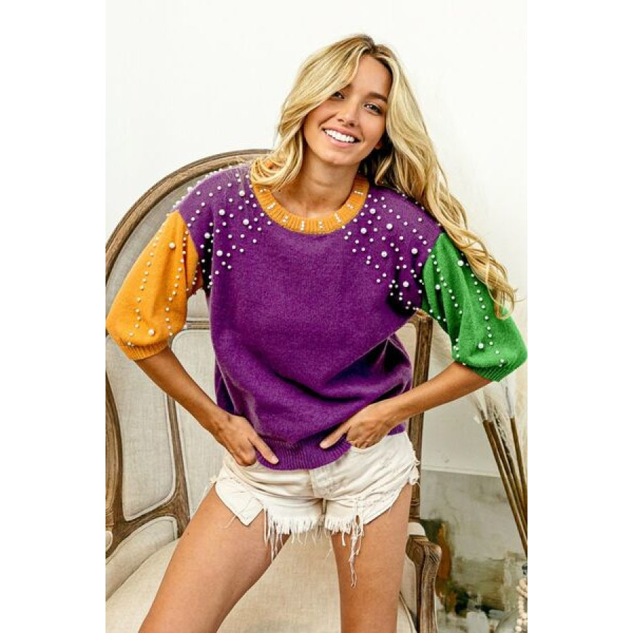 BiBi Color Block Pearl Detail Round Neck Sweater PURPLE/MUSTARD/GREEN / S Apparel and Accessories