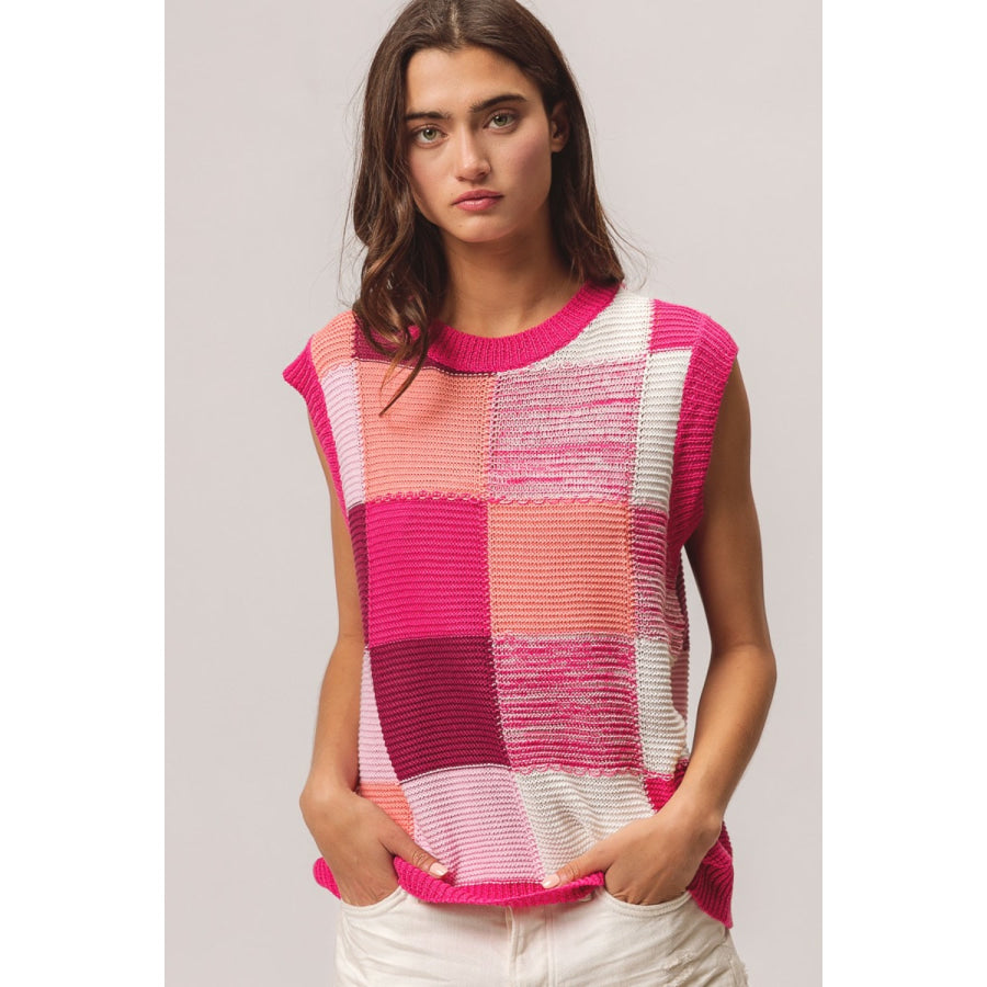 BiBi Color Block Round Neck Sweater Vest Fuchsia Combo / S Apparel and Accessories
