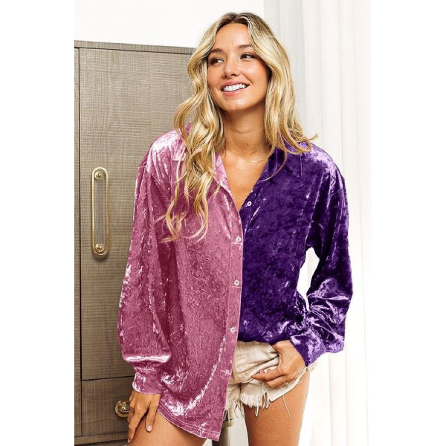 BiBi Contrast Button Up Long Sleeve Shirt LAVENDER/PURPLE / S Apparel and Accessories