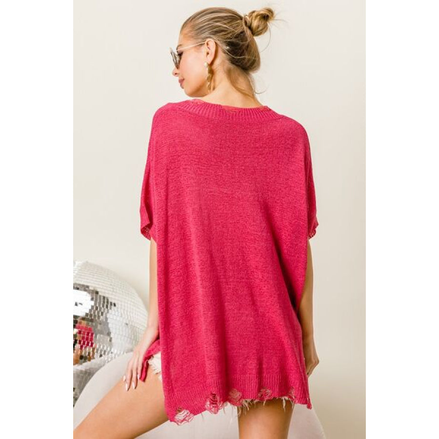 BiBi Distressed Hem V - Neck Slit Sweater Fuchsia / S Apparel and Accessories