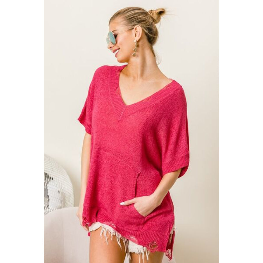 BiBi Distressed Hem V - Neck Slit Sweater Apparel and Accessories
