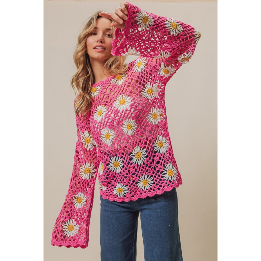BiBi Floral Crochet Net Lace Cover Up Fuchsia / S Apparel and Accessories