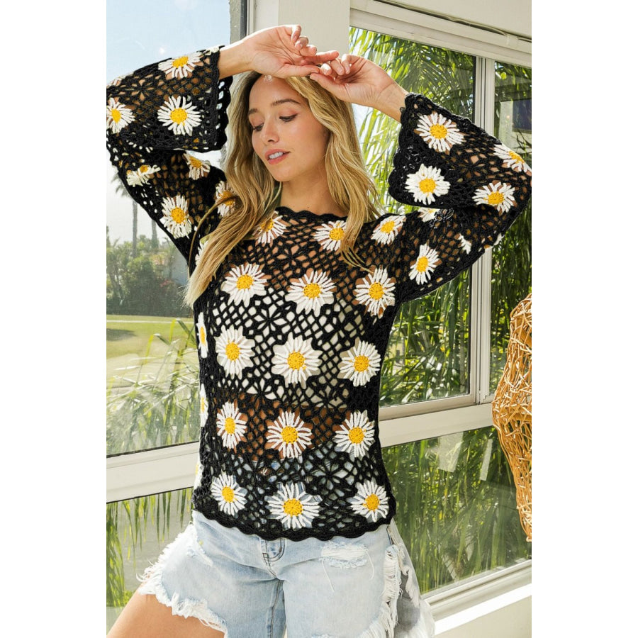 BiBi Floral Crochet Net Lace Cover Up Black / S Apparel and Accessories