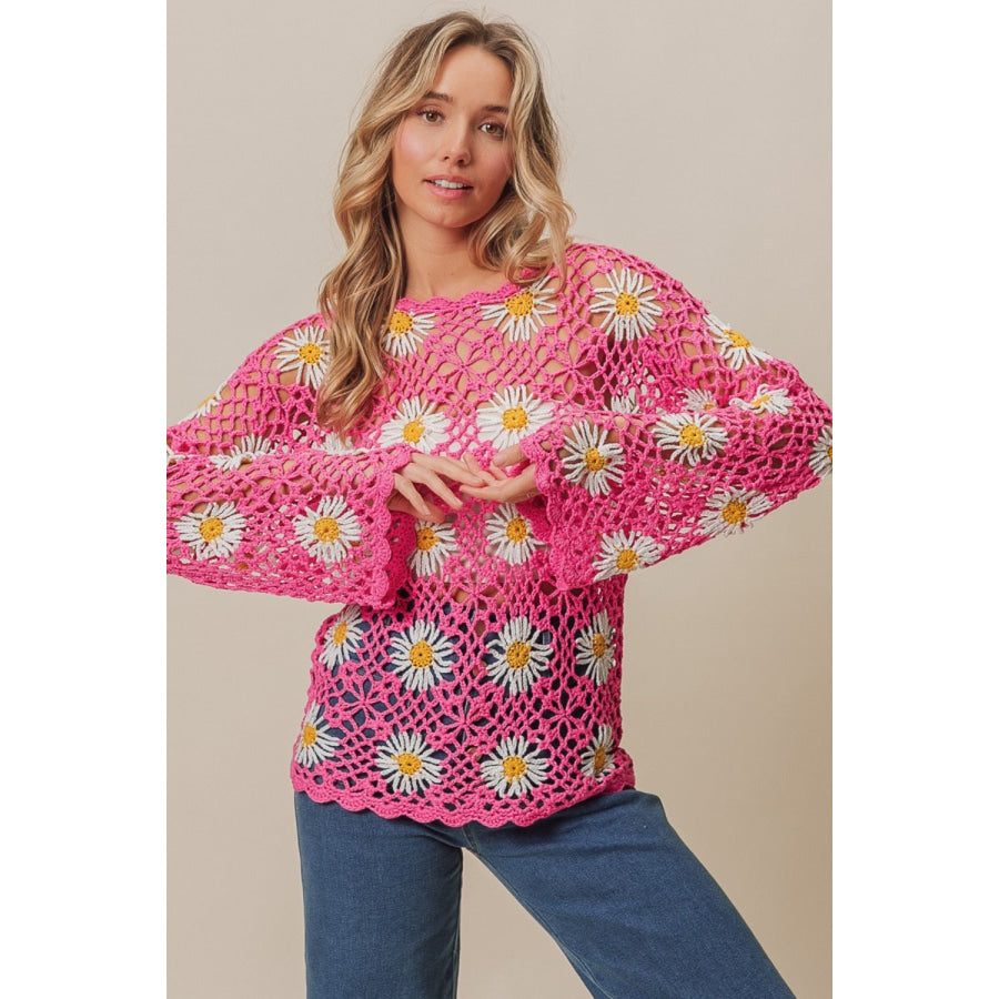 BiBi Floral Crochet Net Lace Cover Up Fuchsia / S Apparel and Accessories