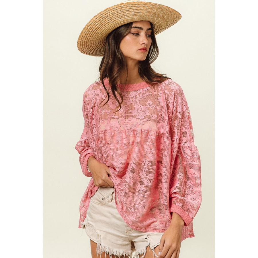 BiBi Floral Lace Long Sleeve Top Mauve / S Apparel and Accessories