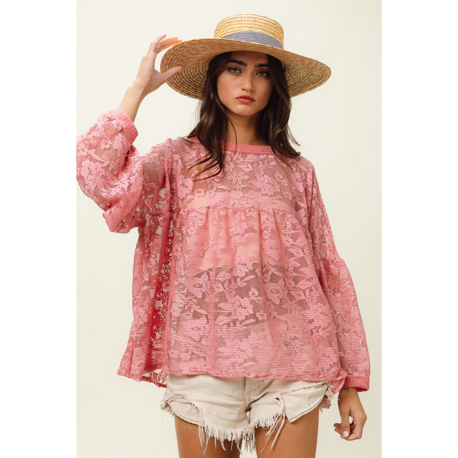 BiBi Floral Lace Long Sleeve Top Mauve / S Apparel and Accessories