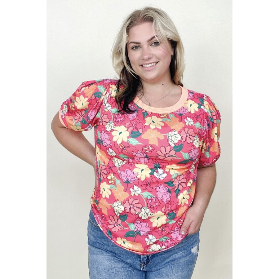 BiBi Floral Printed Jersey Knit Puff Sleeve Contrast Banded Top Fuchsia / S Tank Tops & Camis