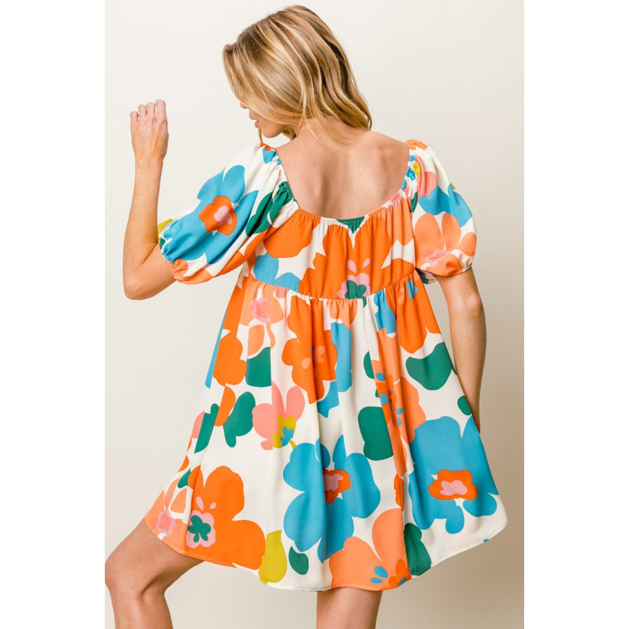 BiBi Floral Puff Sleeve Mini Dress Cream/Orange/Blue / S Apparel and Accessories