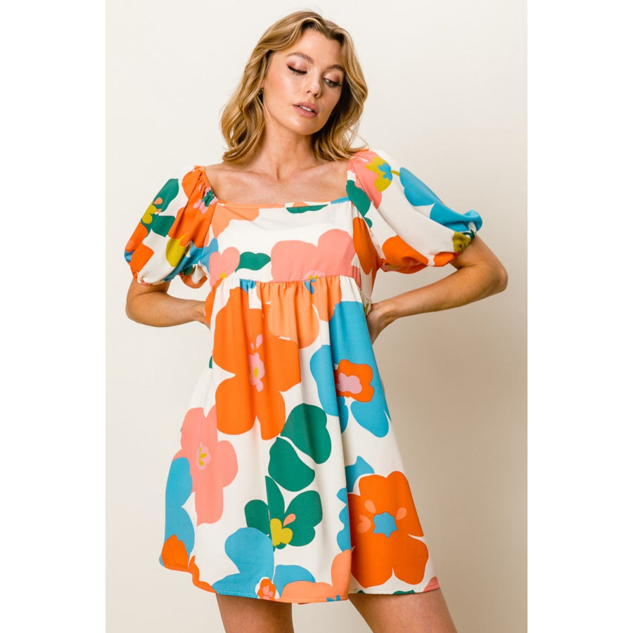 BiBi Floral Puff Sleeve Mini Dress Cream/Orange/Blue / S Apparel and Accessories