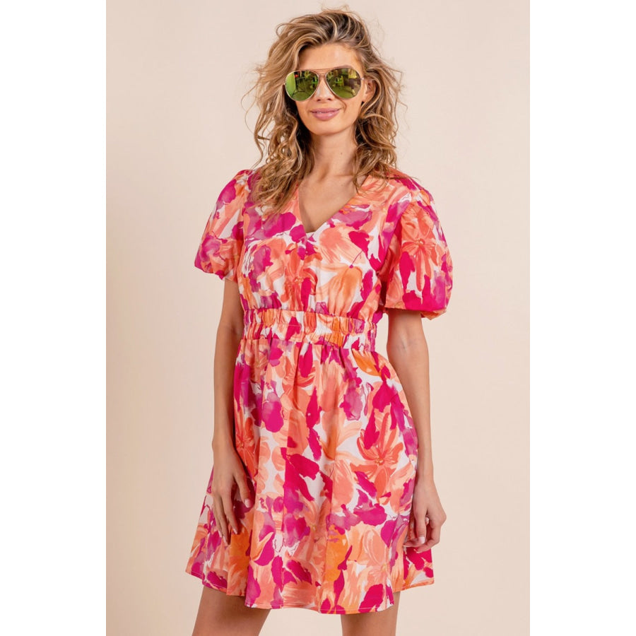 BiBi Floral V - Neck Puff Sleeve Mini Dress Orange/Fuchsia / S Apparel and Accessories