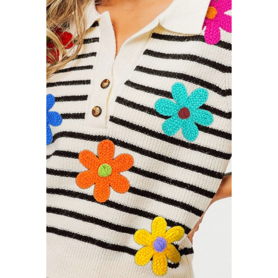 BiBi Flower Patch Striped Half Button Sweater Vest Apparel and Accessories