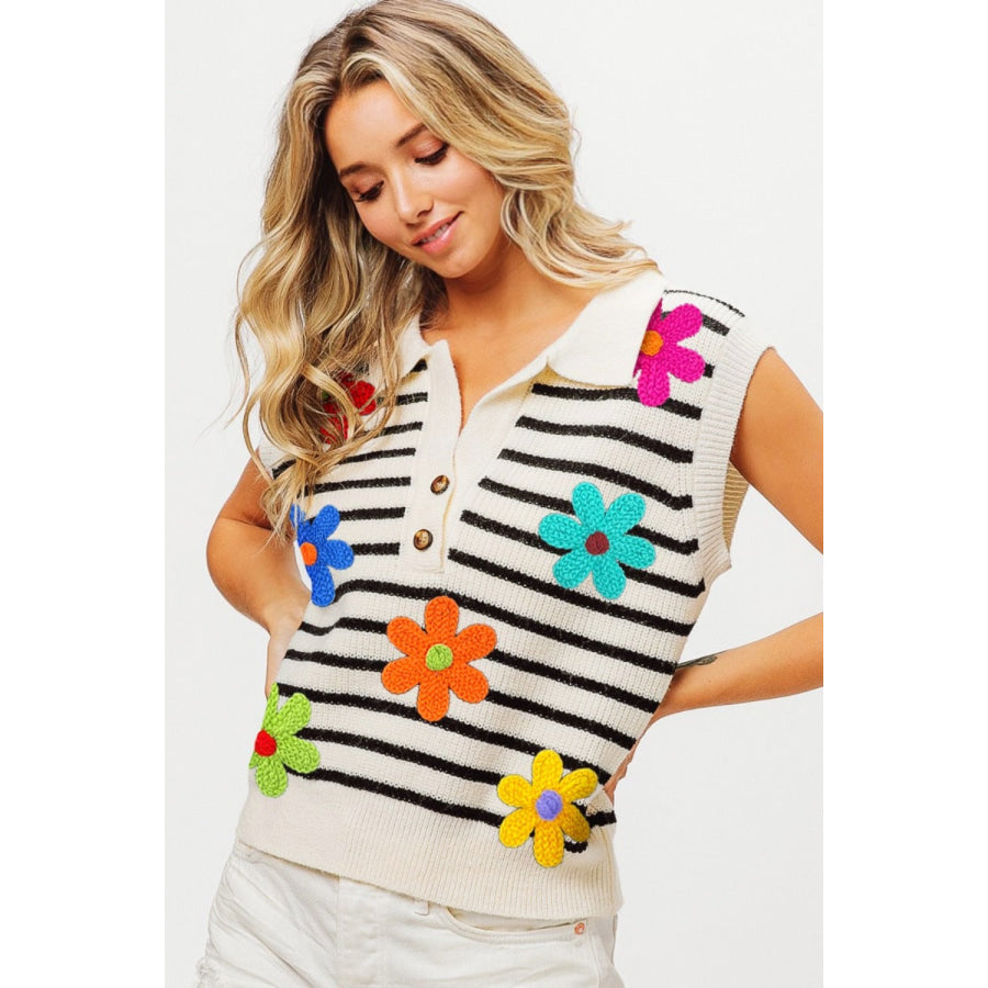 BiBi Flower Patch Striped Half Button Sweater Vest Ivory/Black / S Apparel and Accessories