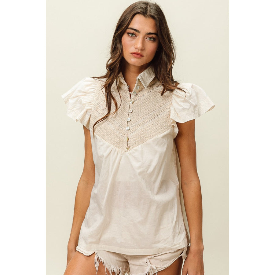 BiBi Half Button Collared Neck Short Sleeve Top Apparel and Accessories