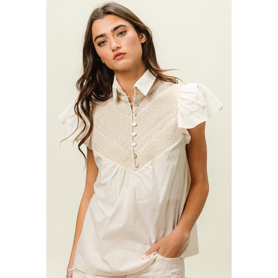 BiBi Half Button Collared Neck Short Sleeve Top Ivory / S Apparel and Accessories