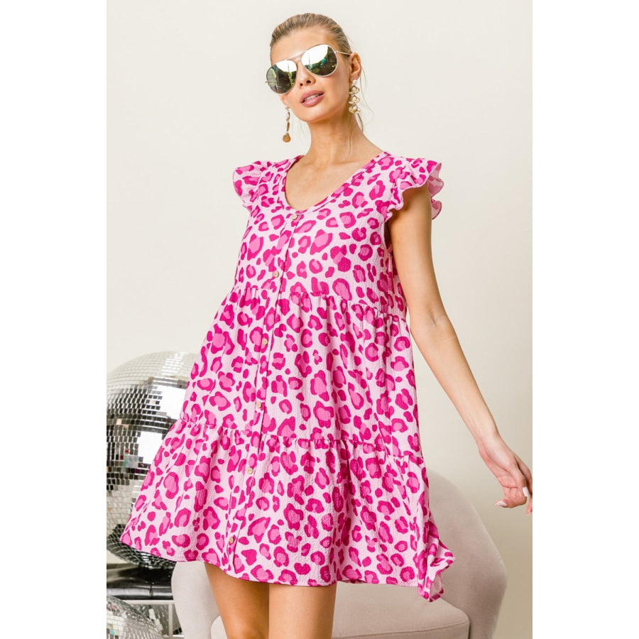 BiBi Leopard Cap Sleeve Tiered Mini Dress Apparel and Accessories