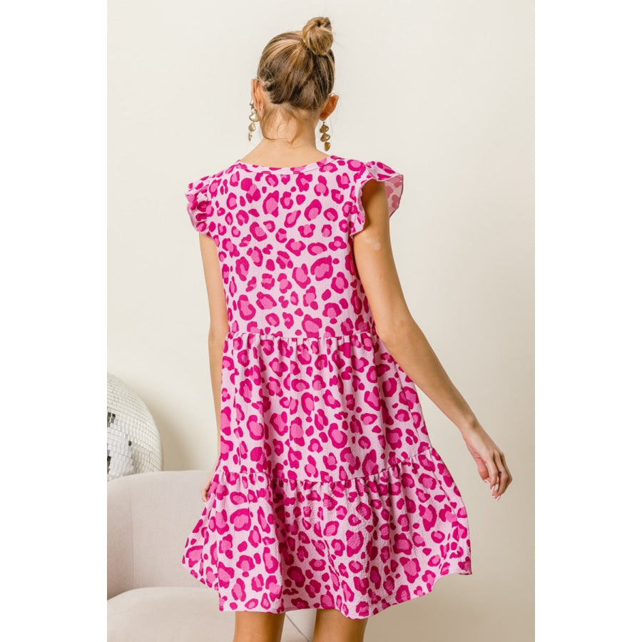 BiBi Leopard Cap Sleeve Tiered Mini Dress Pink/Fuchsia / S Apparel and Accessories