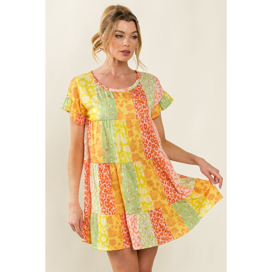 BiBi Leopard Short Sleeve Tiered Dress Apparel and Accessories