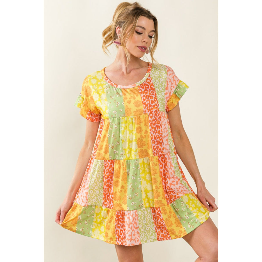BiBi Leopard Short Sleeve Tiered Dress Orange/Lime / S Apparel and Accessories