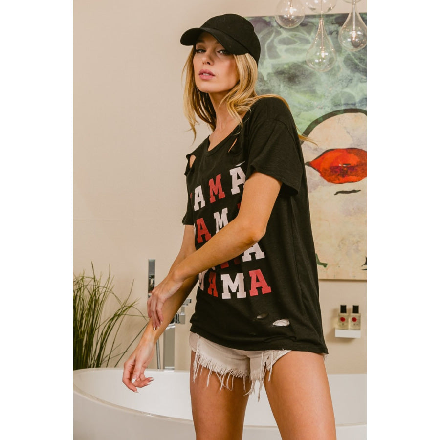 BiBi MAMA Graphic Distressed Short Sleeve T-Shirt Apparel and Accessories