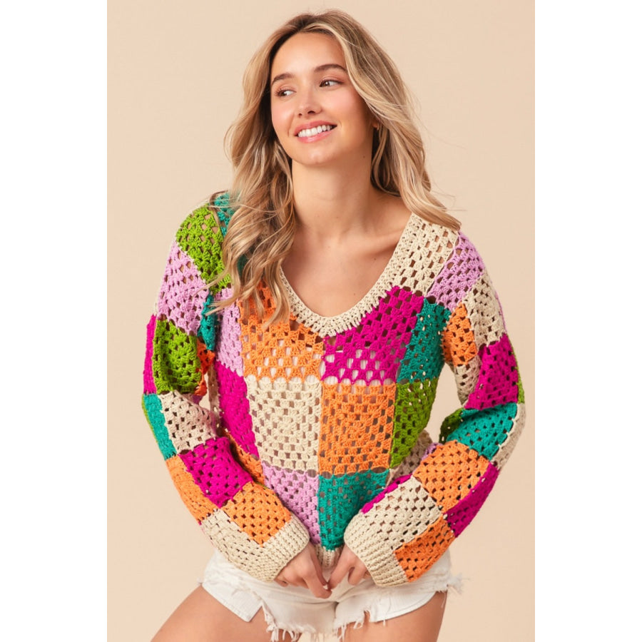 BiBi Multi Color Checkered Long Sleeve Knit Top Apparel and Accessories