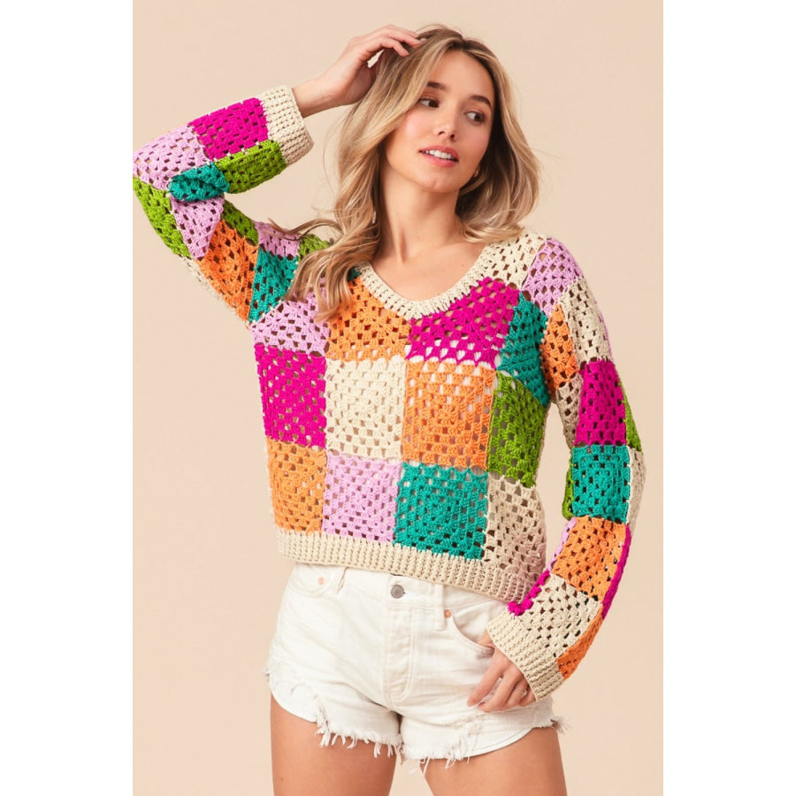 BiBi Multi Color Checkered Long Sleeve Knit Top Oatmeal Multi / S Apparel and Accessories
