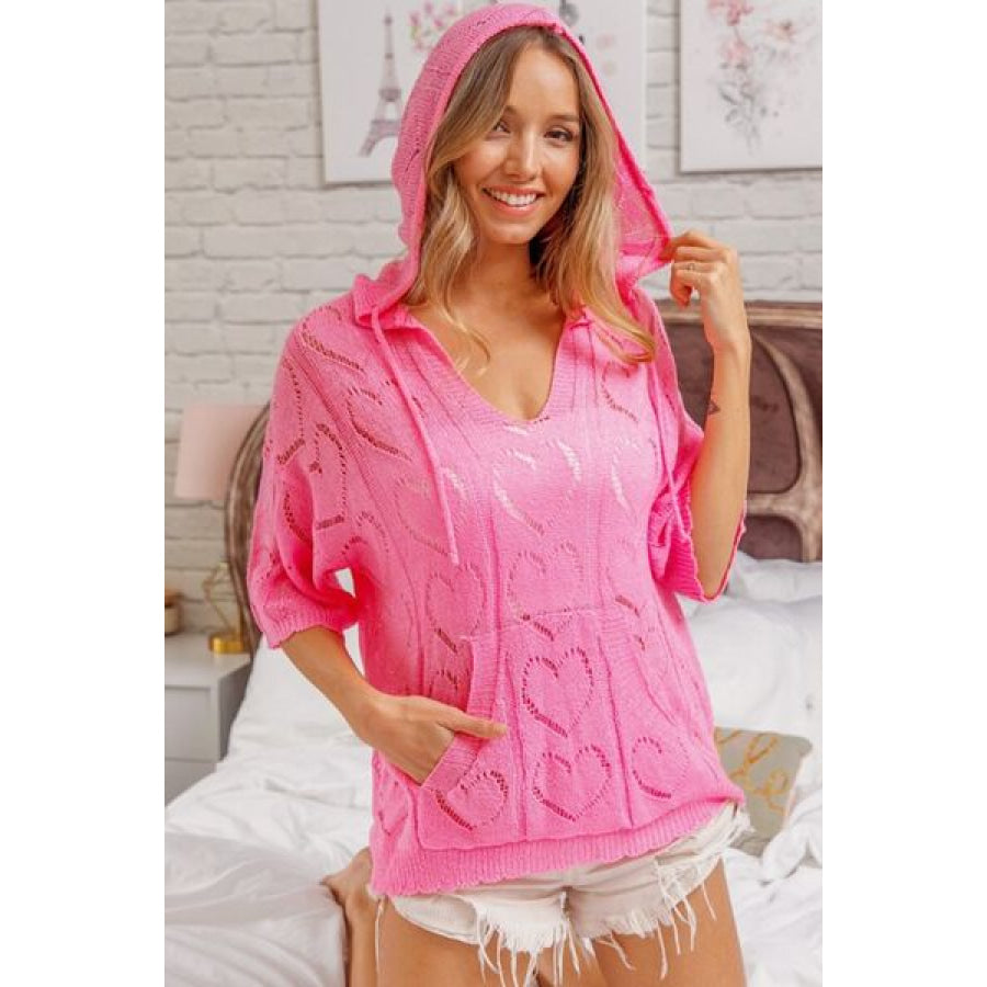 BiBi Openwork Heart Hooded Knit Top HOTPINK / S Apparel and Accessories