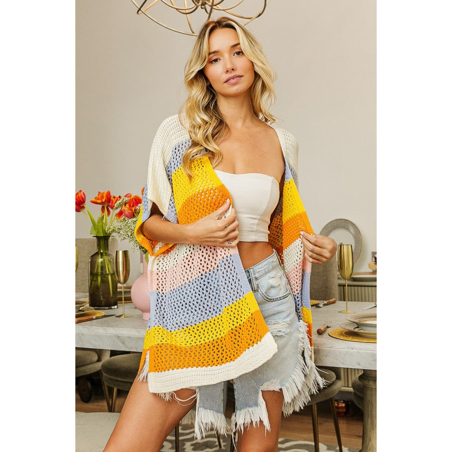 BiBi Openwork Striped Open Front Knit Cardigan Apparel and Accessories