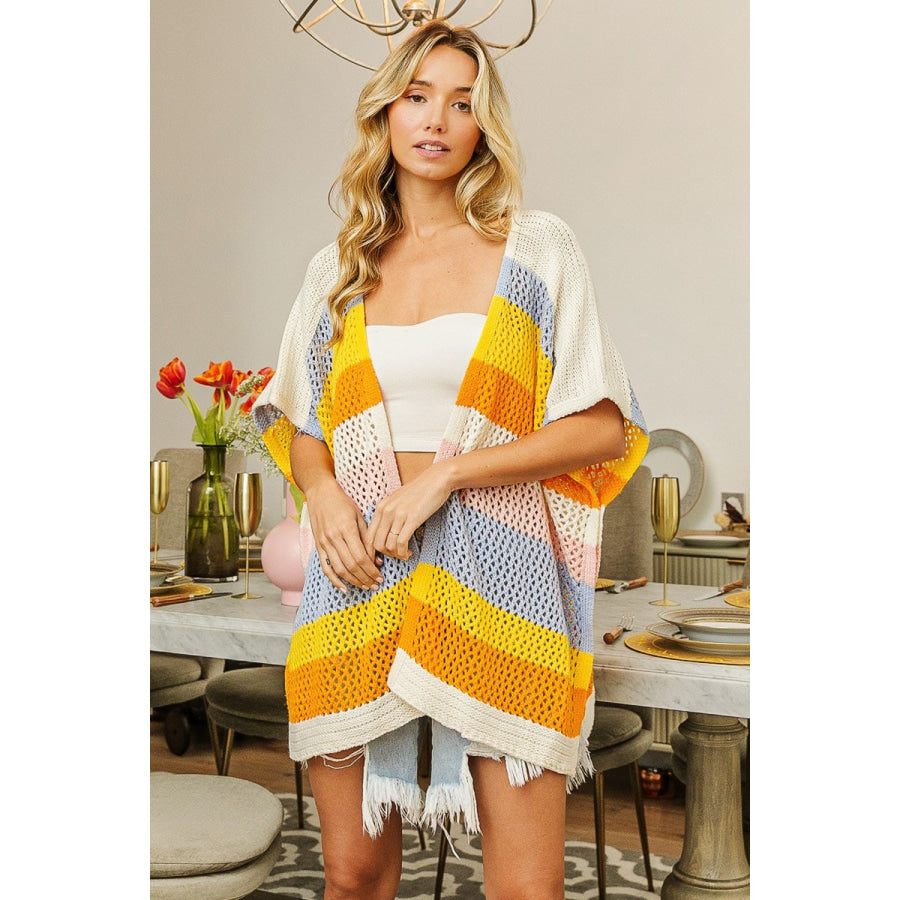 BiBi Openwork Striped Open Front Knit Cardigan Apparel and Accessories