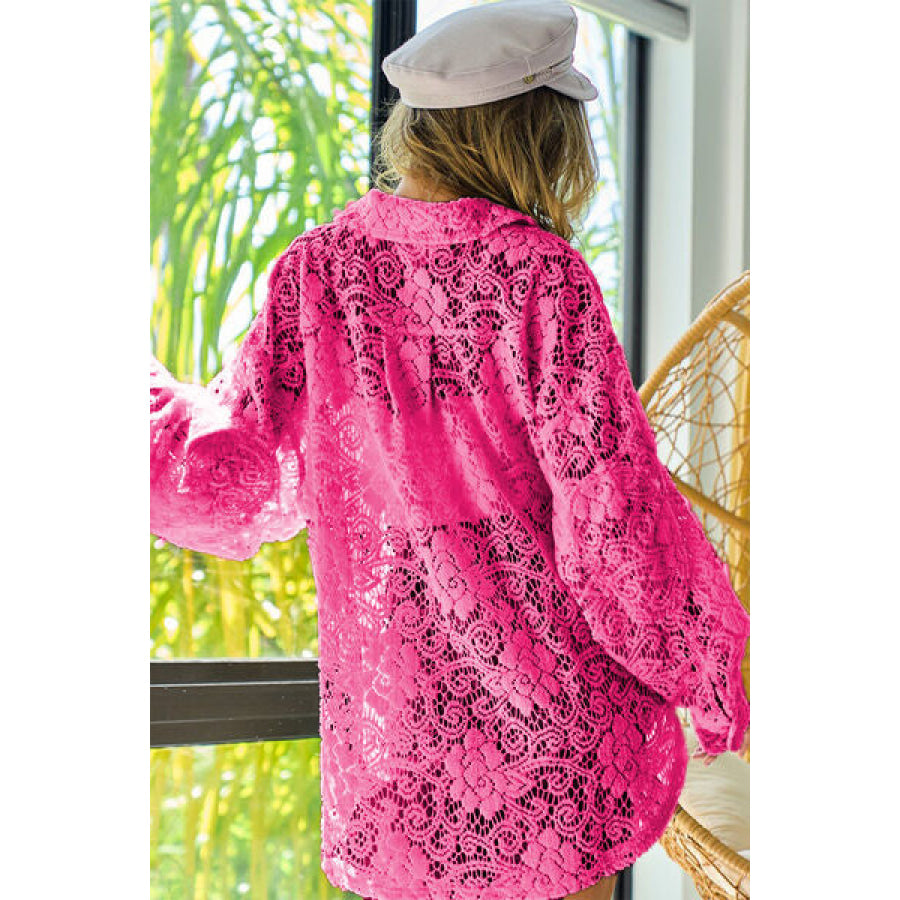 BiBi Oversize Button Up Long Sleeve Lace Shacket FUCHSIA / S Apparel and Accessories