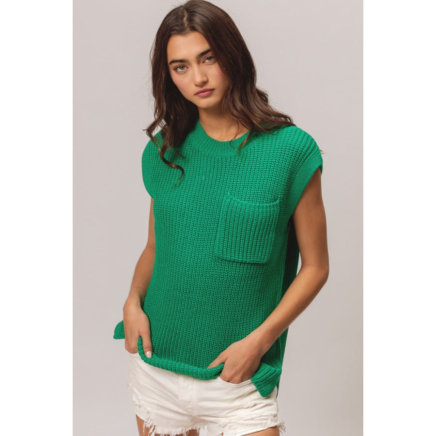 BiBi Patch Pocket Cap Sleeve Sweater Top Jade / S Apparel and Accessories
