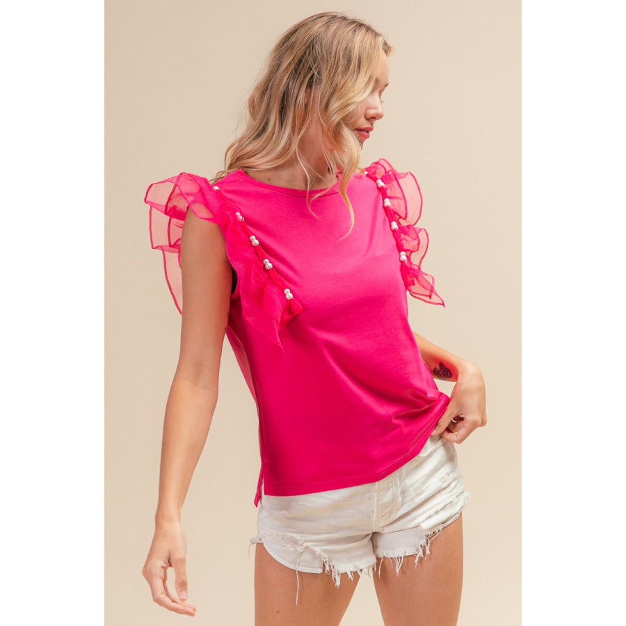 BiBi Pearl Decor Mesh Ruffle Sleeve Top Shirts & Tops