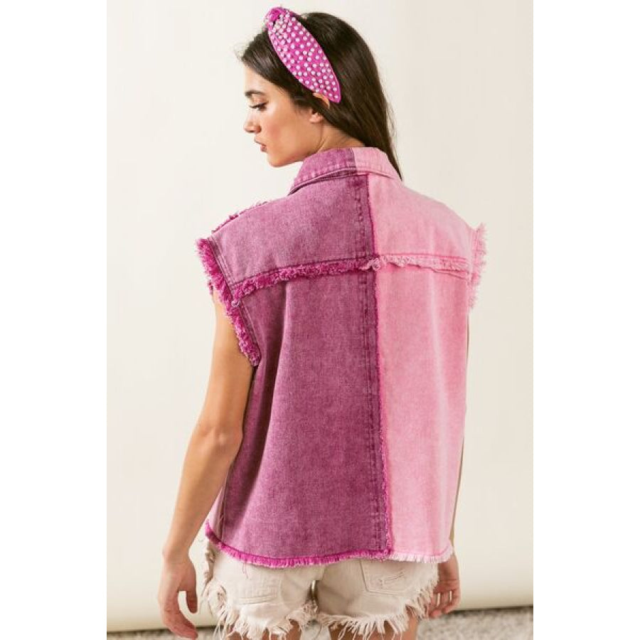 BiBi Pearl & Rhinestone Decor Contrast Raw Hem Vest Coat Pink/Fuchsia / S Apparel and Accessories