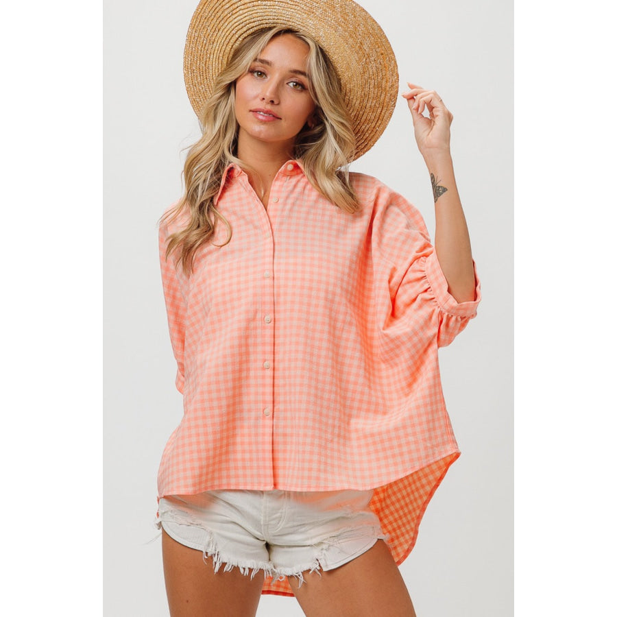 BiBi Plaid Button Up Dolman Sleeve Shirt Apparel and Accessories