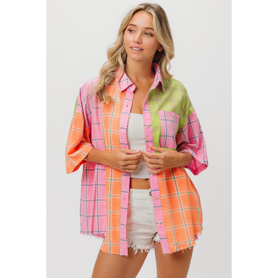 BiBi Plaid Collared Neck Half Sleeve Shirt Apparel and Accessories