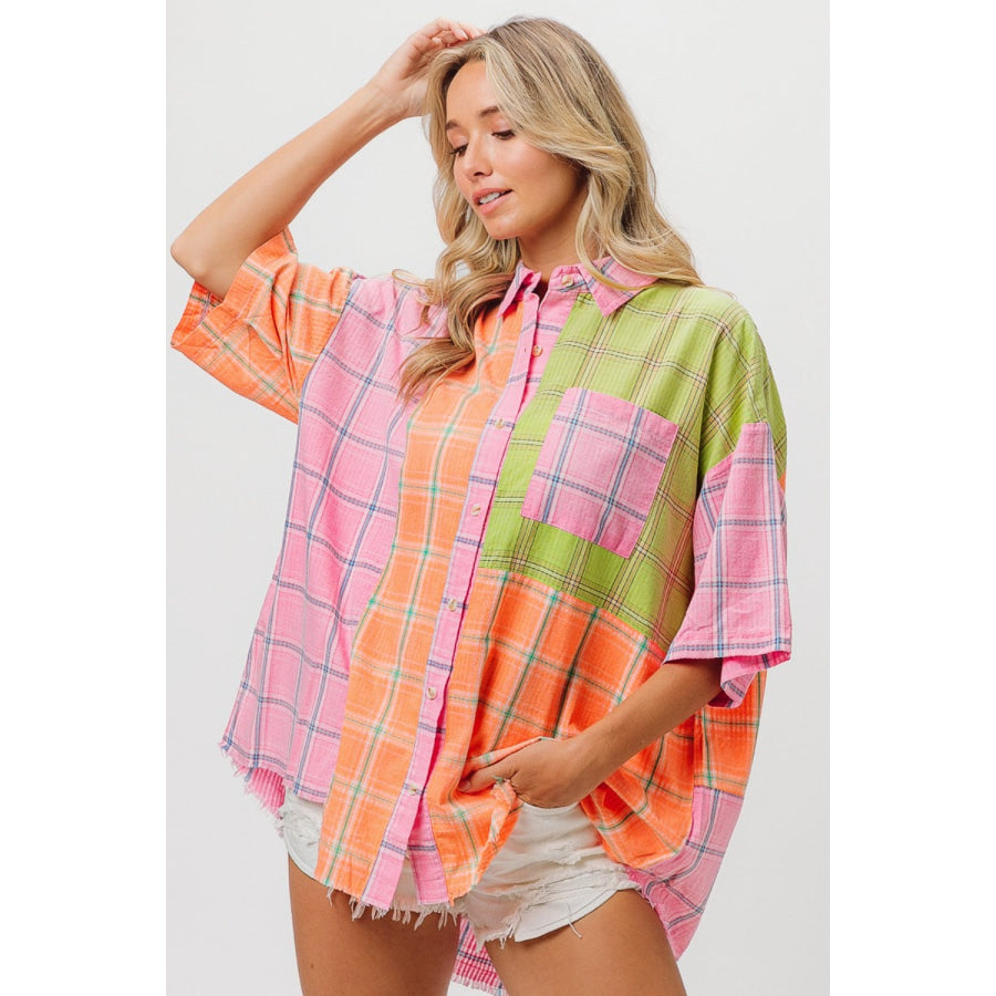 BiBi Plaid Collared Neck Half Sleeve Shirt Apparel and Accessories