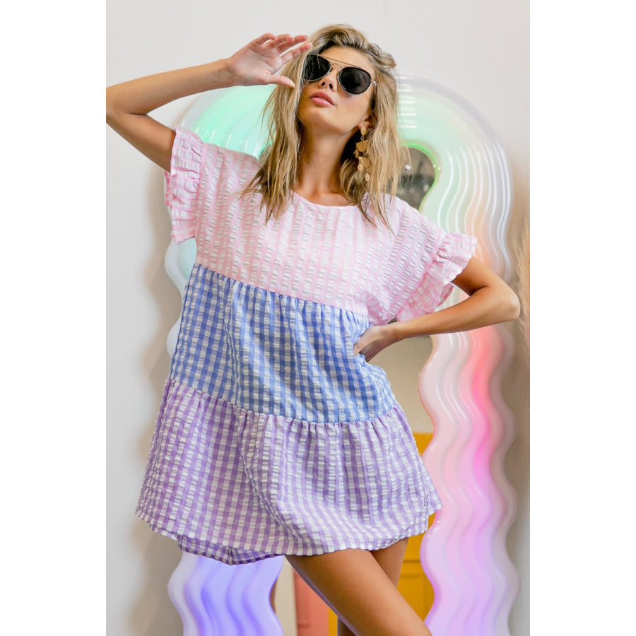 BiBi Plaid Color Block Tiered Top Blush/Blue/Lavender / S Apparel and Accessories