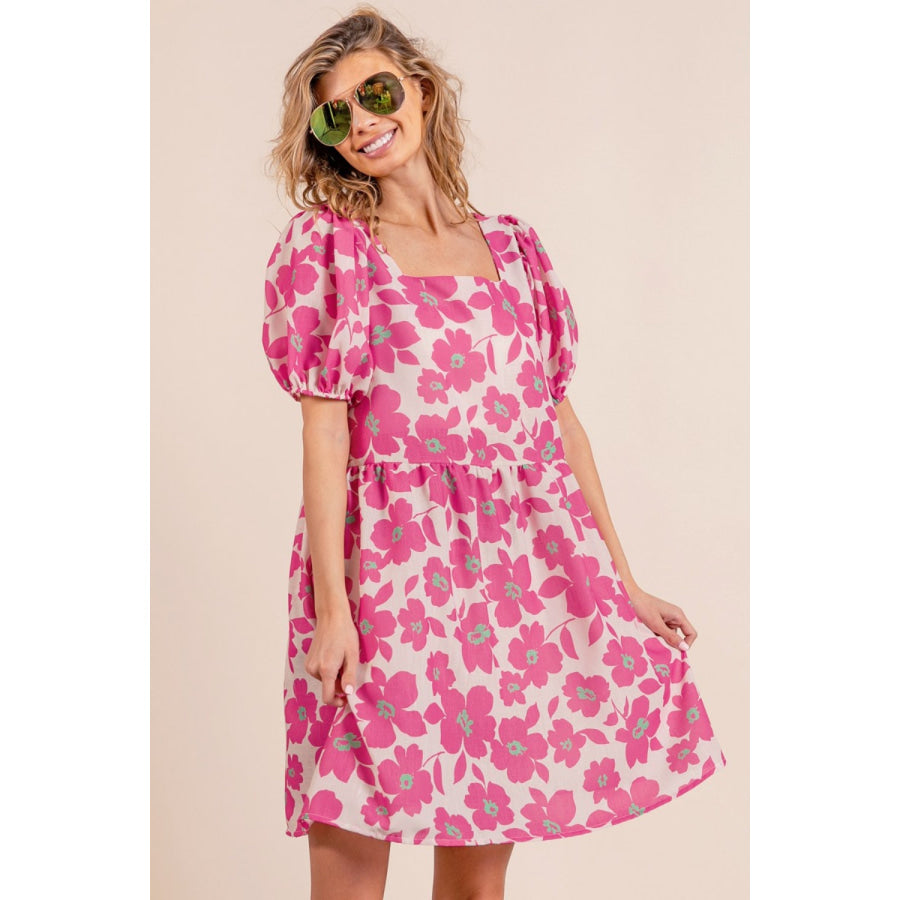 BiBi Printed Square Neck Puff Sleeve Mini Dress Apparel and Accessories