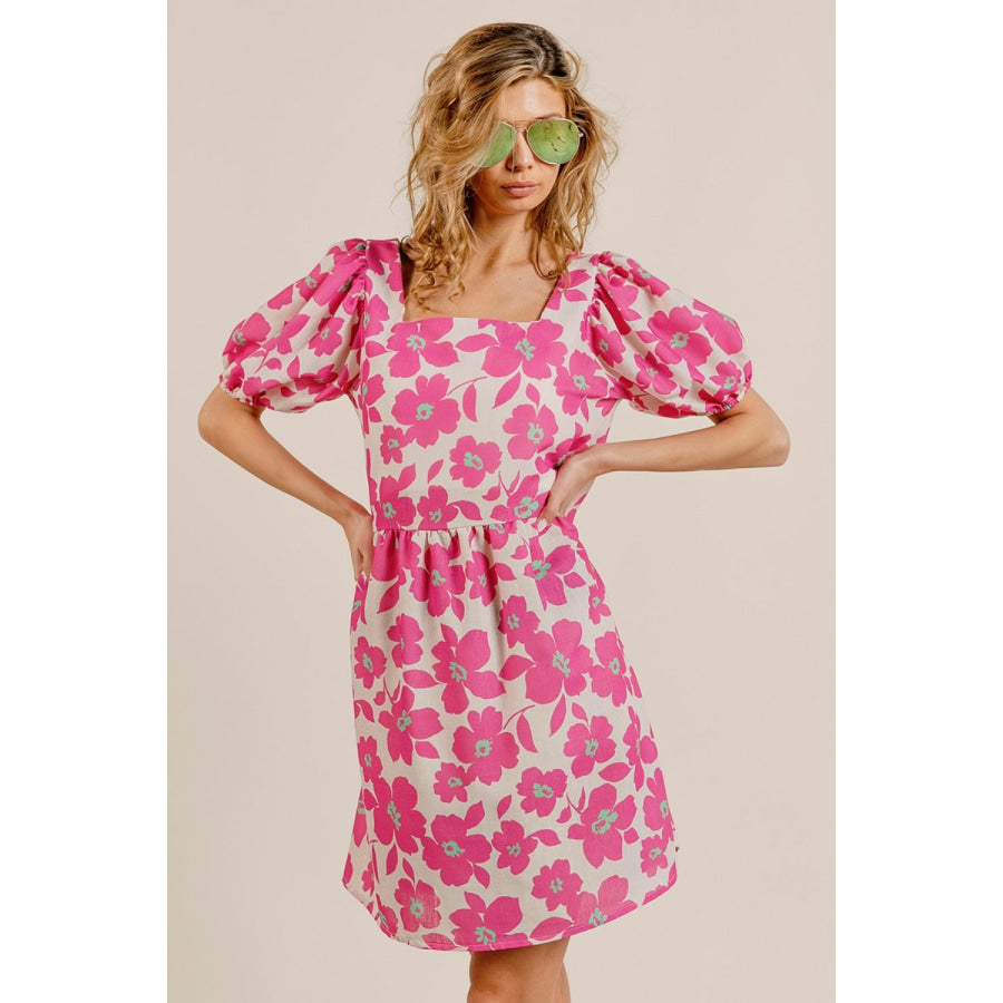 BiBi Printed Square Neck Puff Sleeve Mini Dress Fuchsia Combo / S Apparel and Accessories