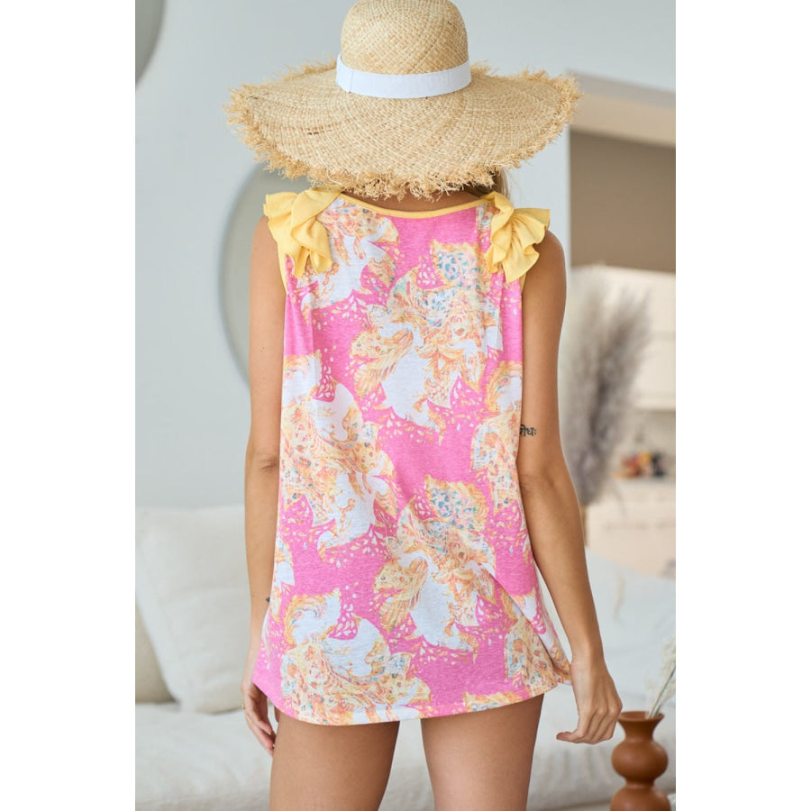 BiBi Printed V Neck Ruffled Tank Pink Multi / S Apparel and Accessories
