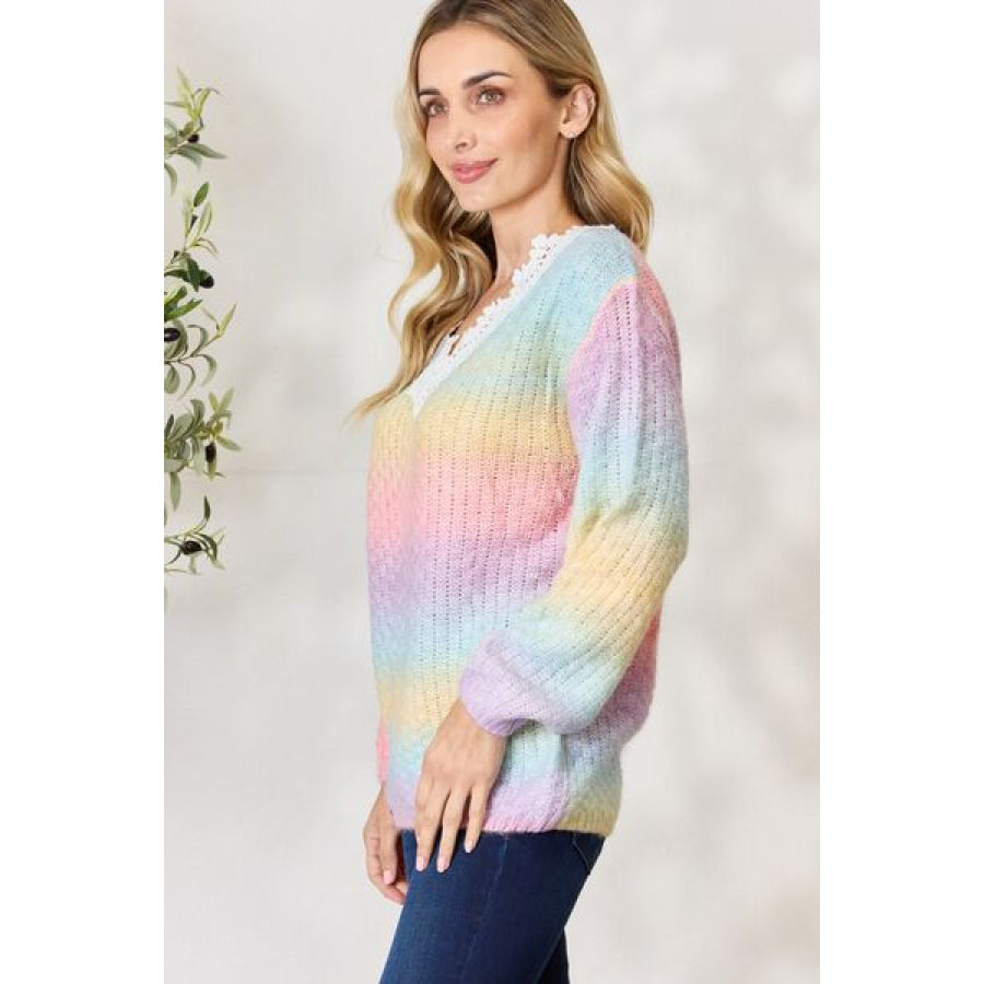 BiBi Rainbow Gradient Crochet Deetail Sweater Clothing