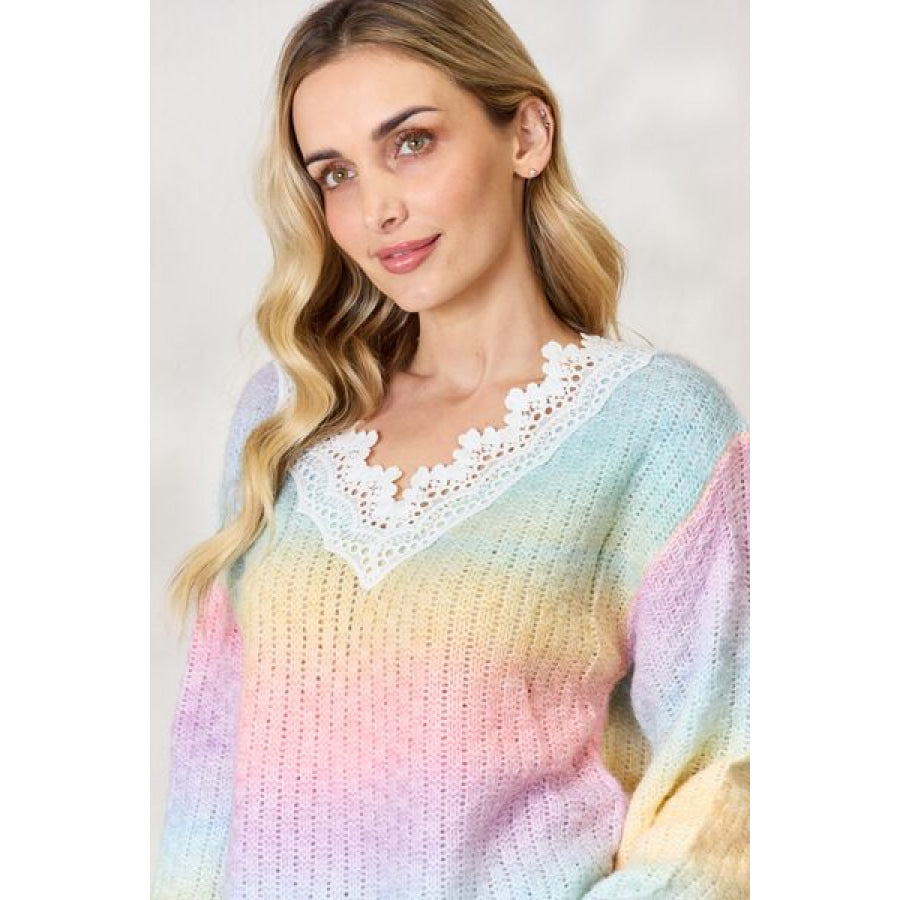 BiBi Rainbow Gradient Crochet Deetail Sweater Clothing