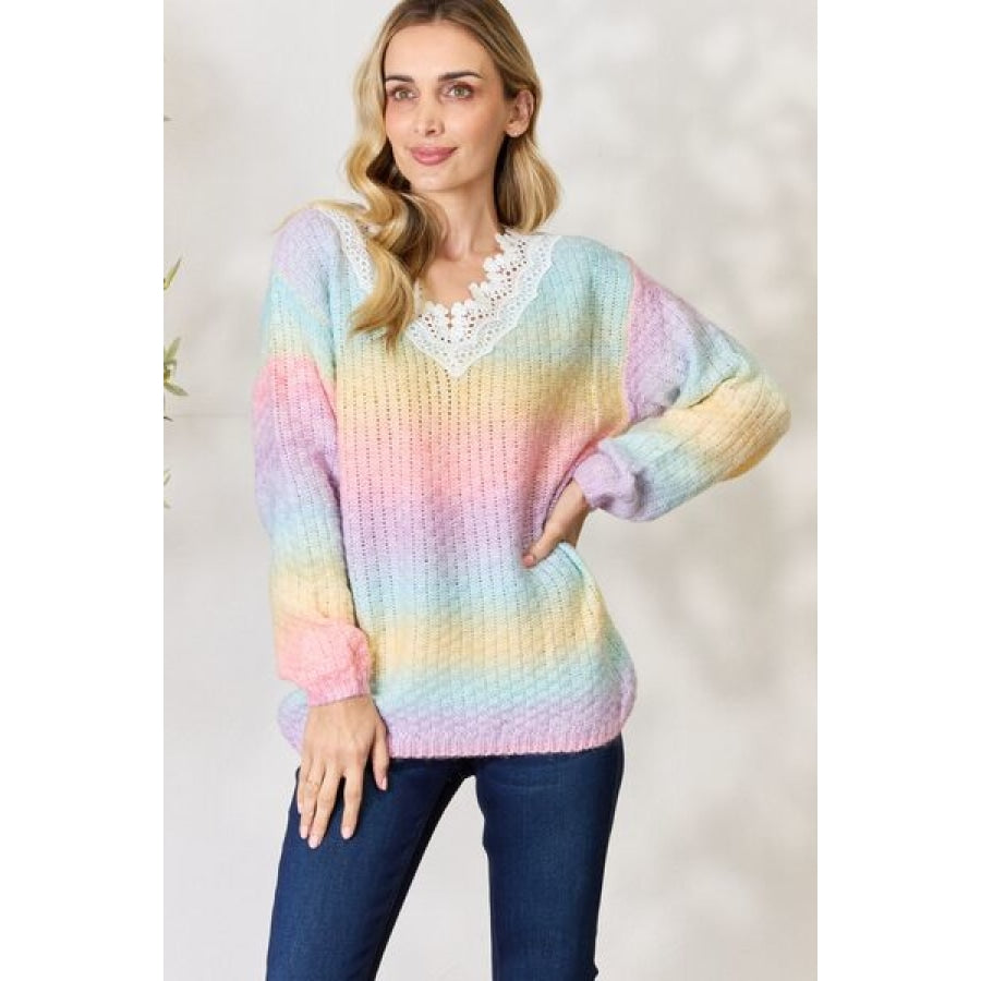 BiBi Rainbow Gradient Crochet Deetail Sweater Pink Multi / S Clothing